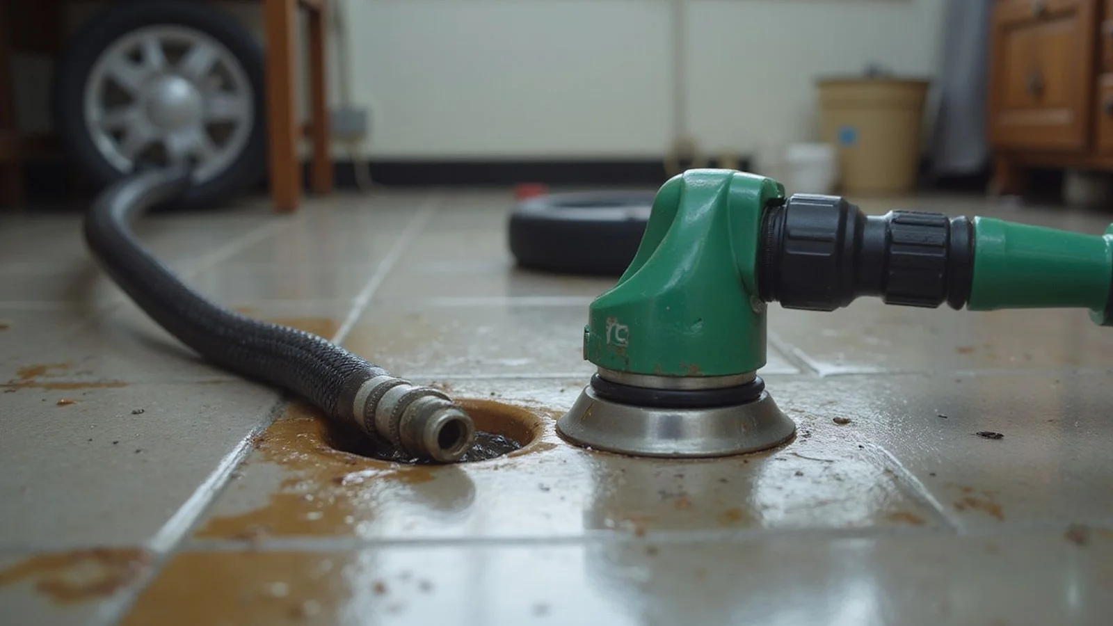 A drain snake and hydro jetting nozzle side by side
