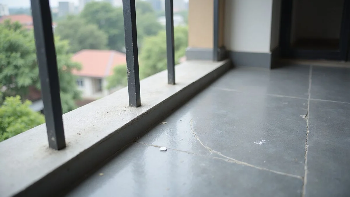 Balcony slab with hairline crack marked for waterproofing repair