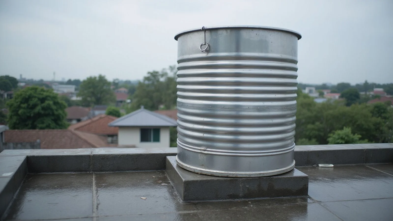Clean stainless steel loft tank on a Puchong rooftop