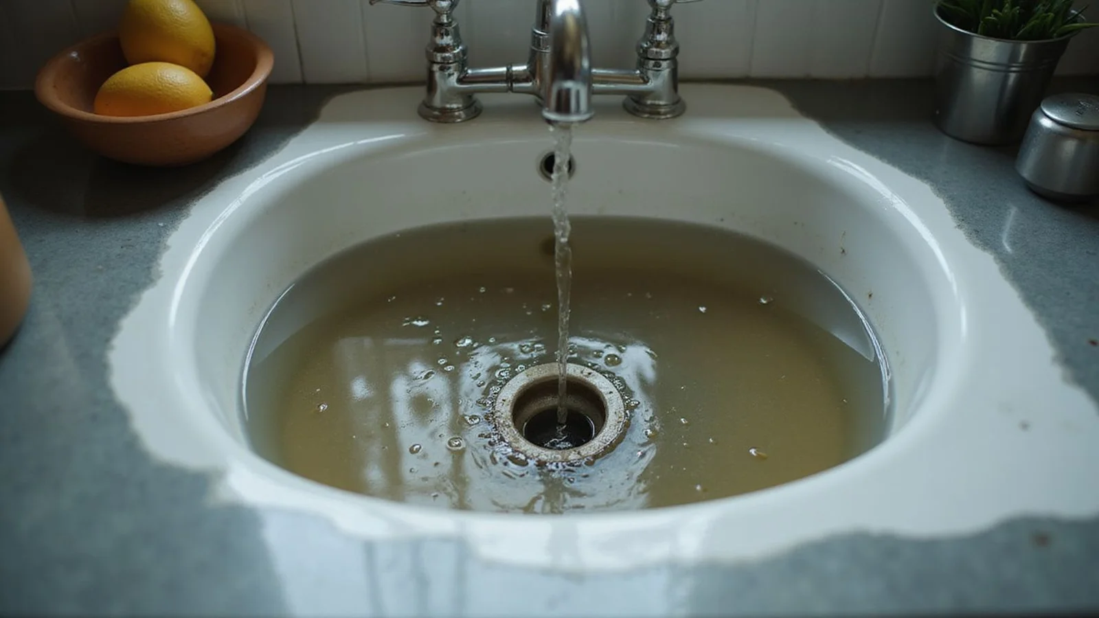 Clogged kitchen sink with standing water