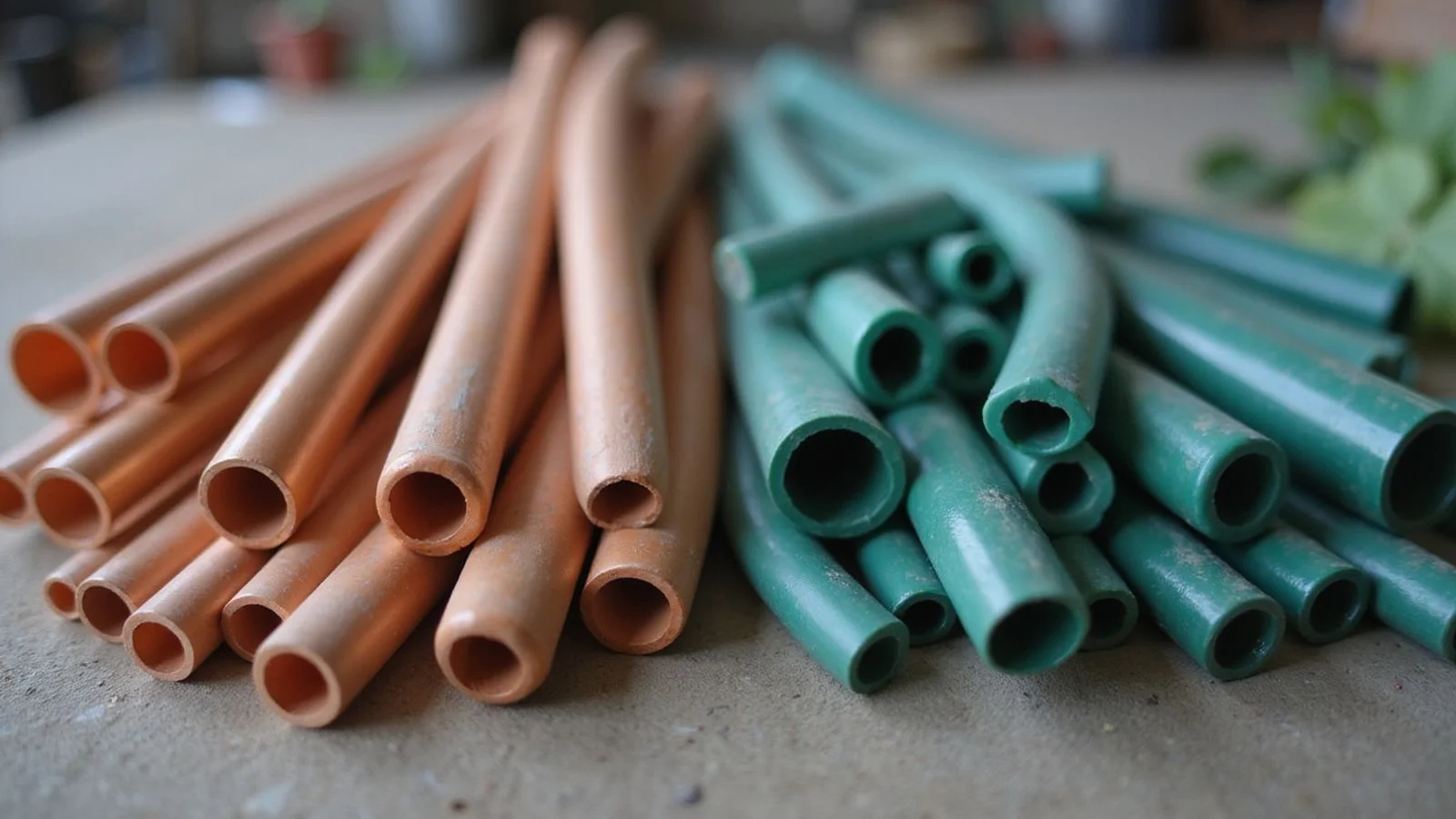 Copper, PVC, and PE pipe samples laid side by side