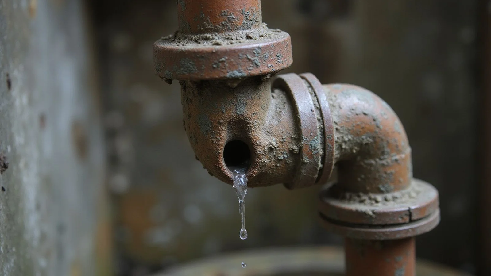 Corroded metal pipe with a small leak in a Malaysian home