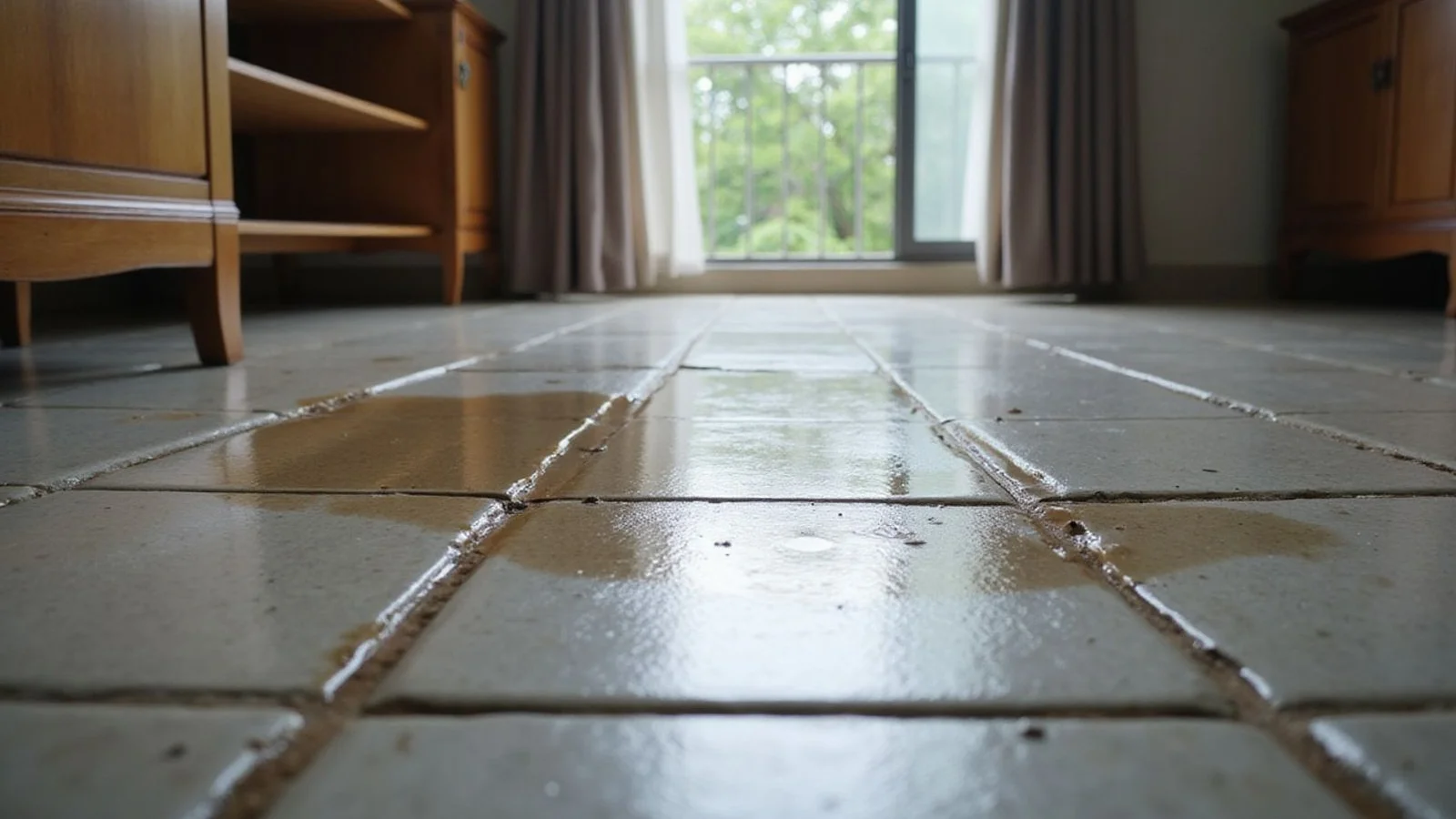 Damp patch on a tiled ground floor indicating a possible slab leak