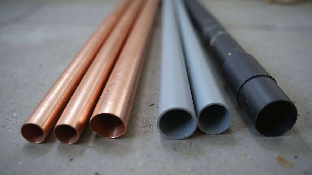 Copper, PVC, and PE pipe samples side by side
