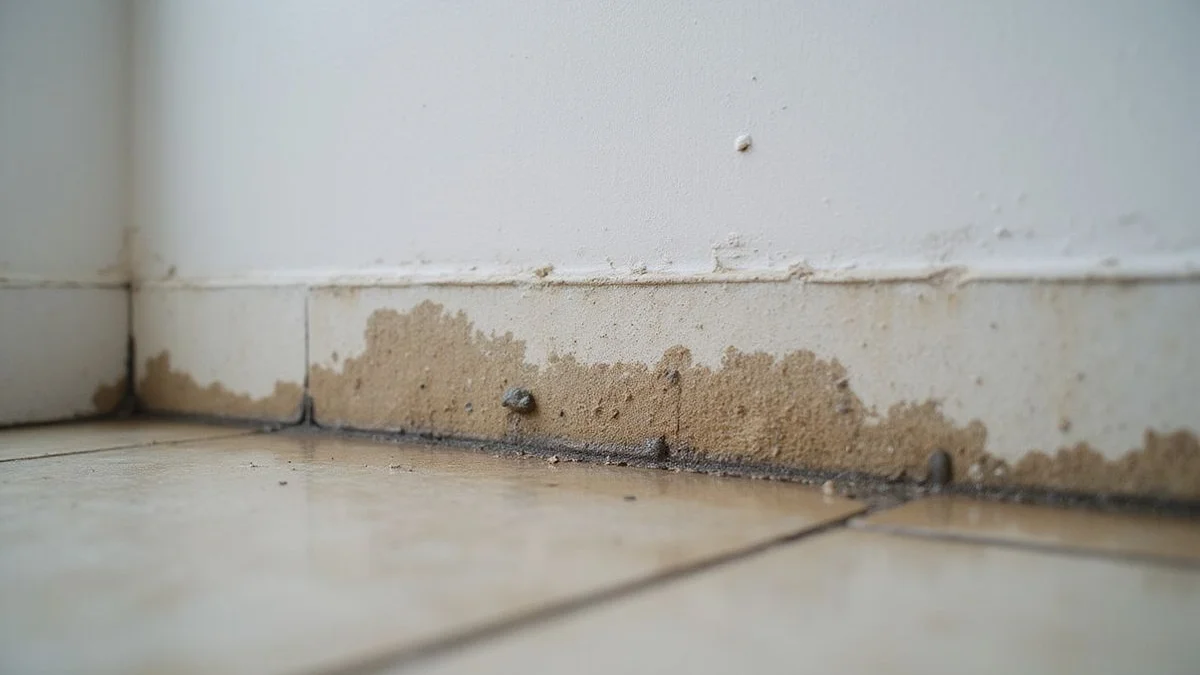 Mould at the base of a bathroom wall indicating a hidden leak