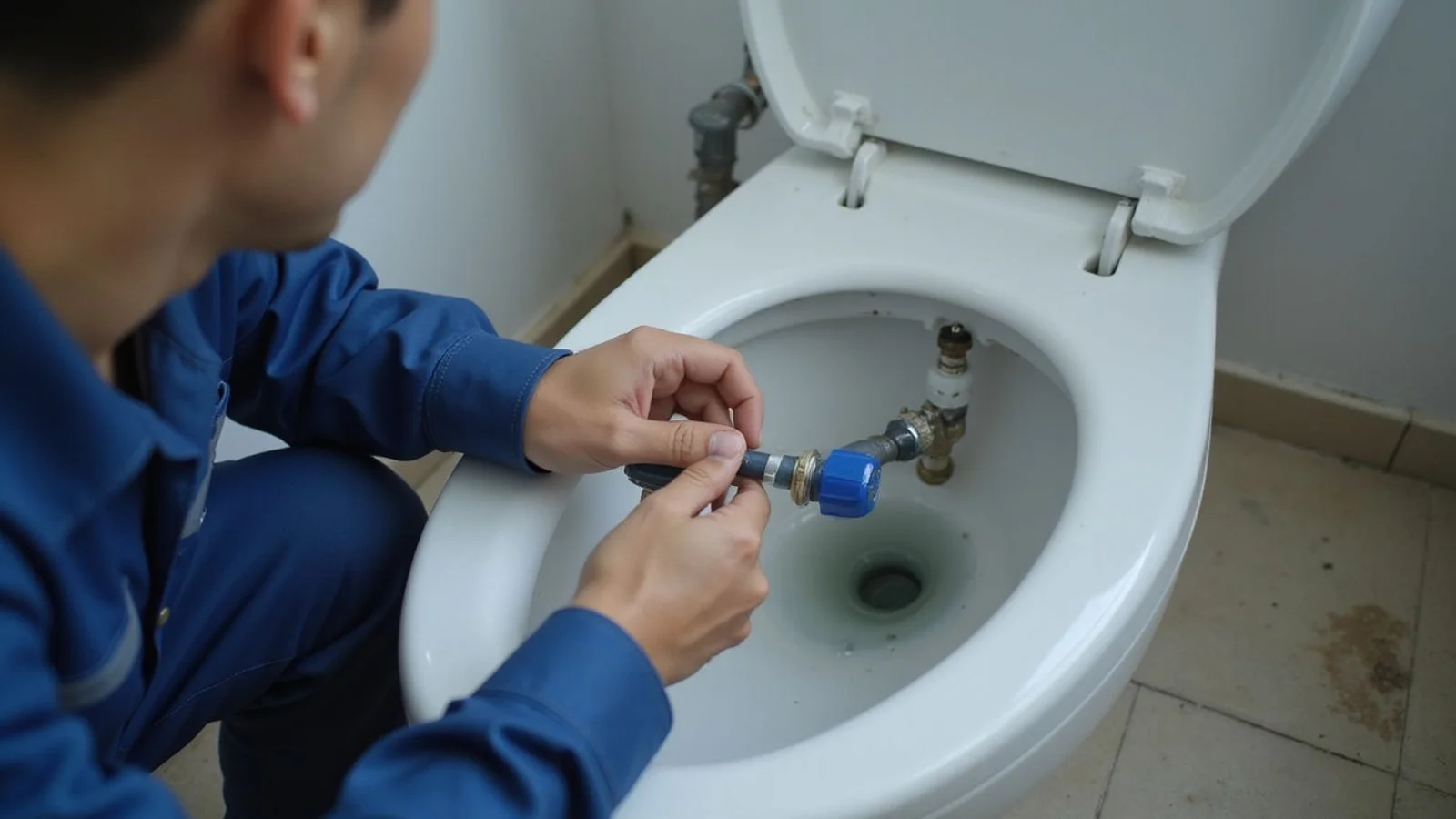 Open toilet cistern showing the inlet valve and float