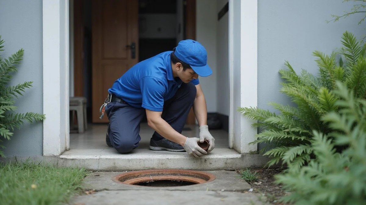 Plumber accessing an external sewer manhole at a Puchong home