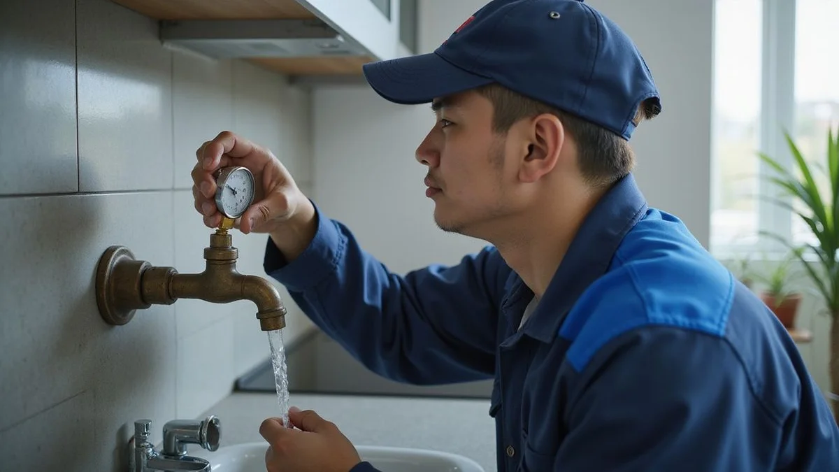 Plumber checking water pressure at a tap