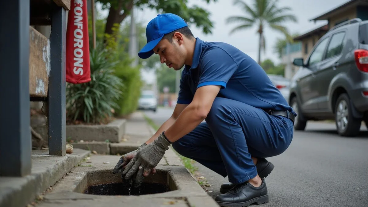 Plumber cleaning a grease trap behind a restaurant