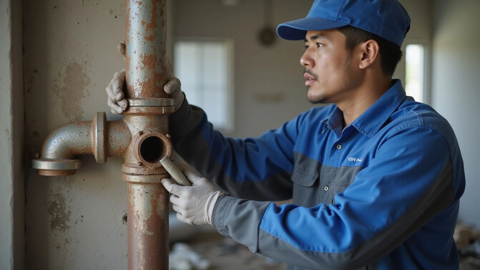 Plumber comparing an old corroded pipe with a new replacement