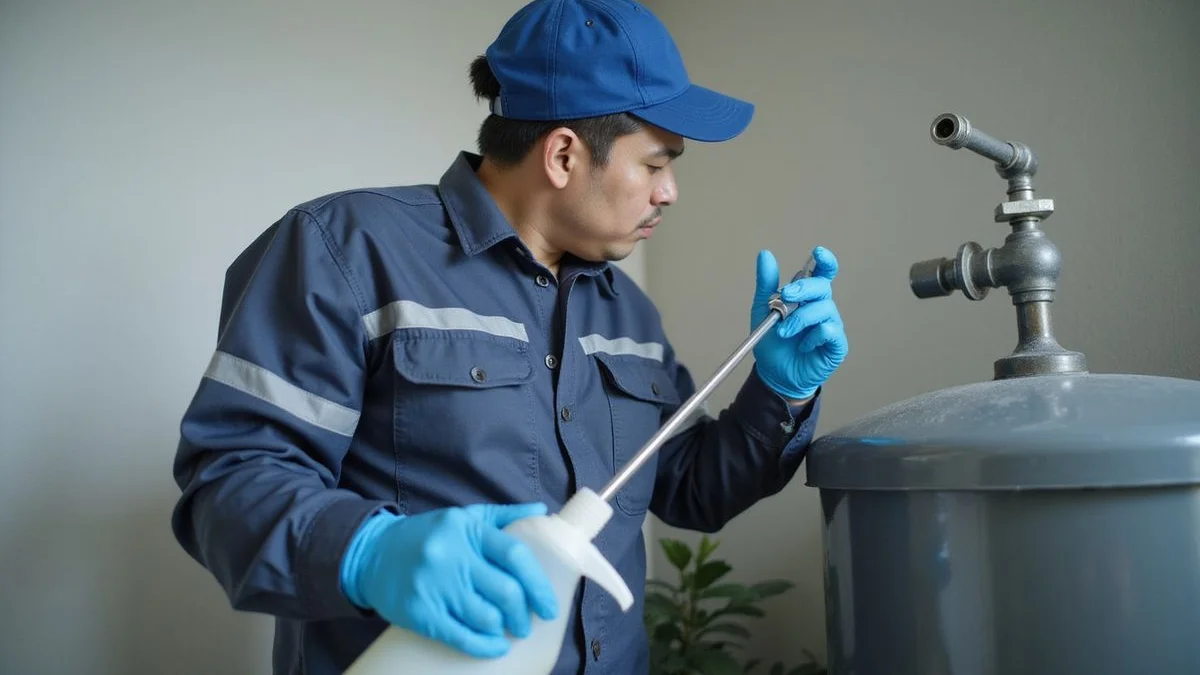 Plumber disinfecting a cleaned water tank