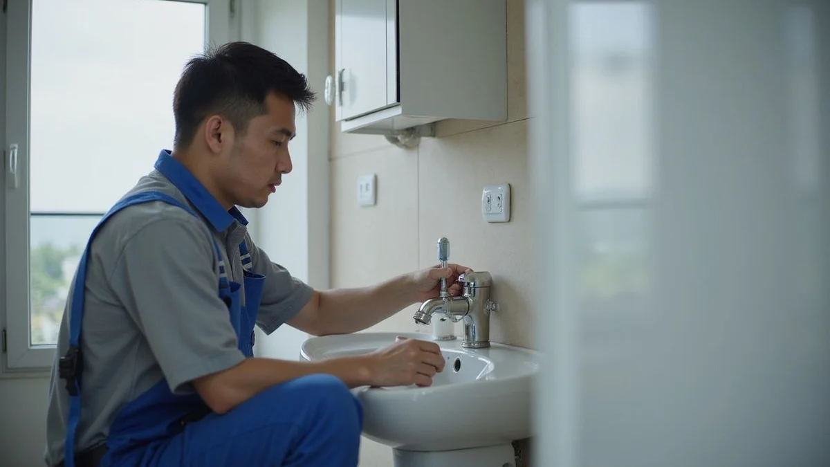 Plumber examining a bathroom fixture in a Puchong home