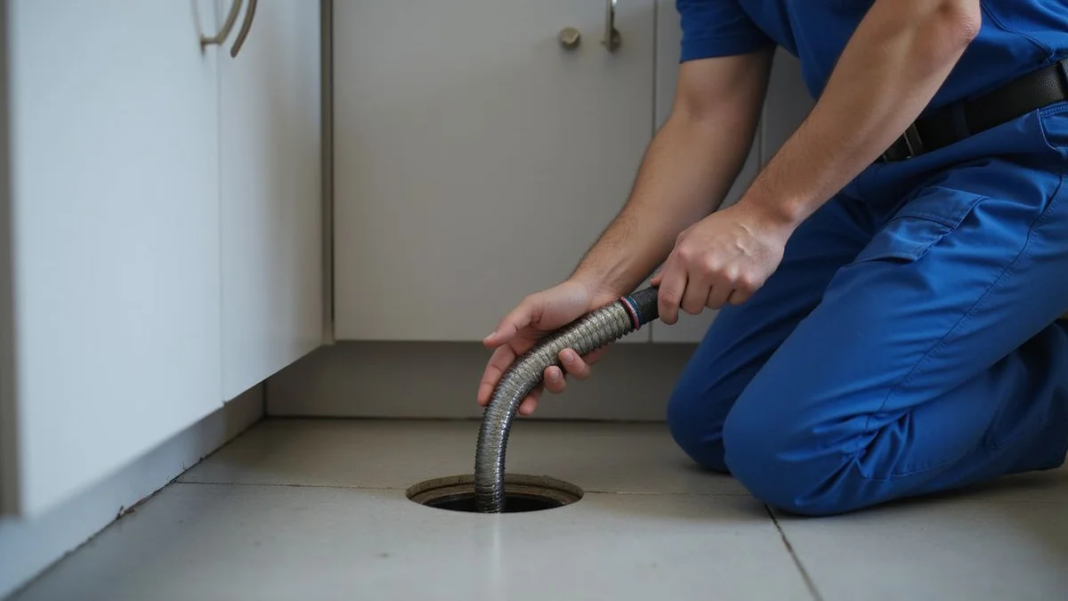 Plumber feeding a rotary snake into a kitchen drain