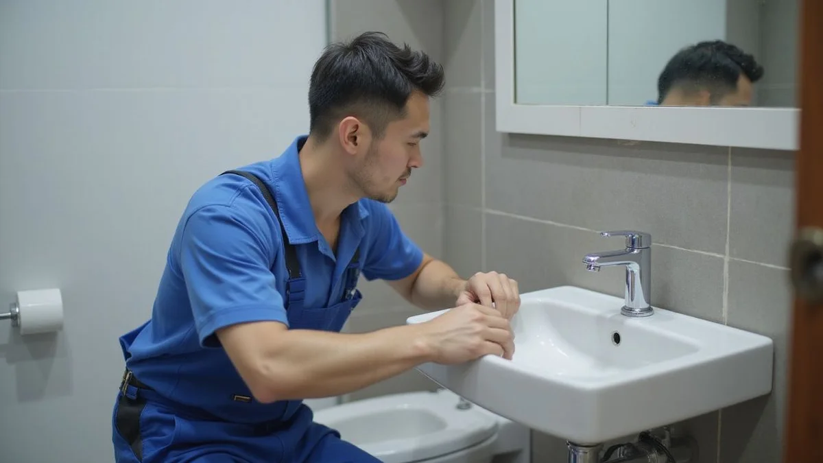 Plumber fitting a new washbasin and mixer tap