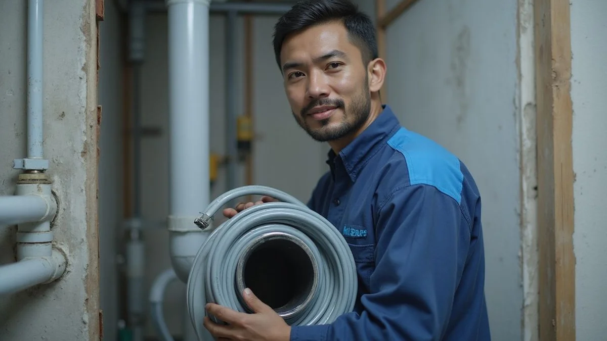 Plumber holding a coil of PE pipe at a worksite