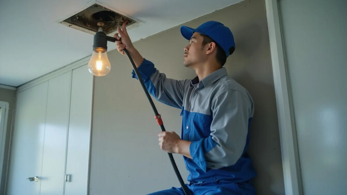 Plumber inspecting a ceiling leak with a torch