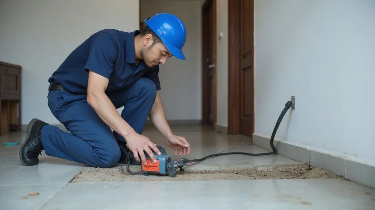 Plumber inspecting a ground floor slab for a leak