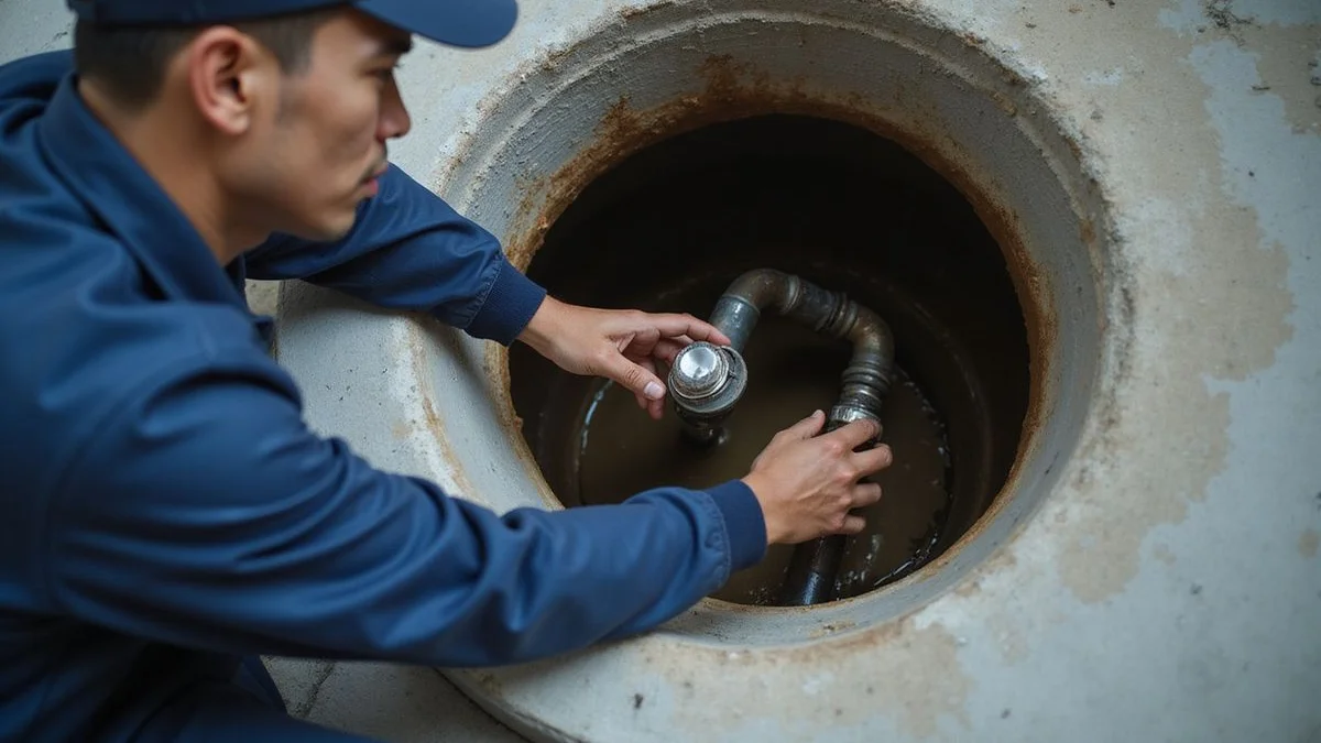 Plumber inspecting sediment inside a loft tank