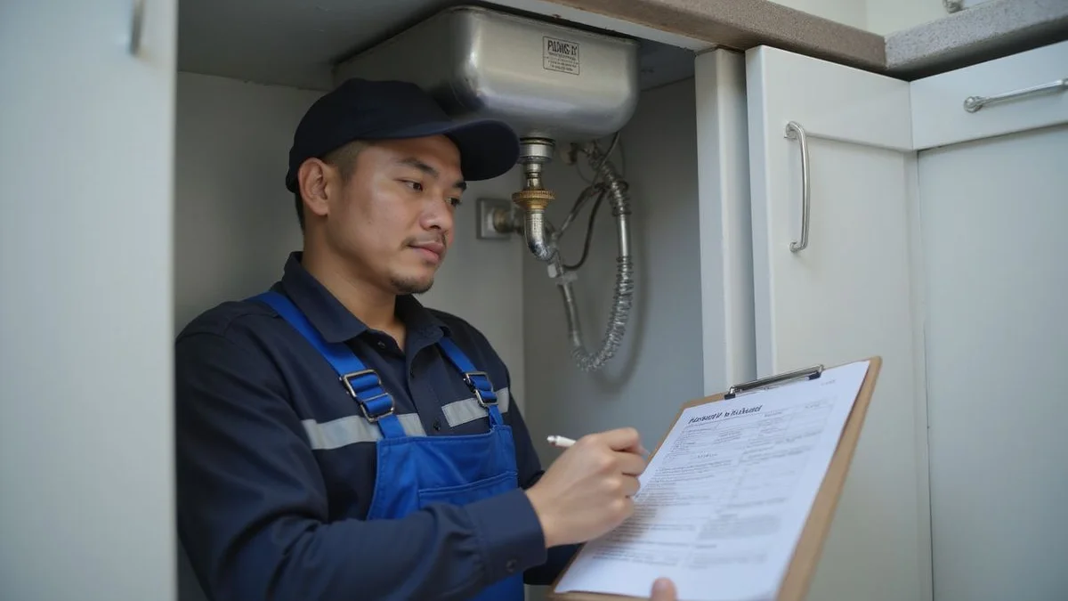 Plumber inspecting under a sink with a clipboard during quote preparation