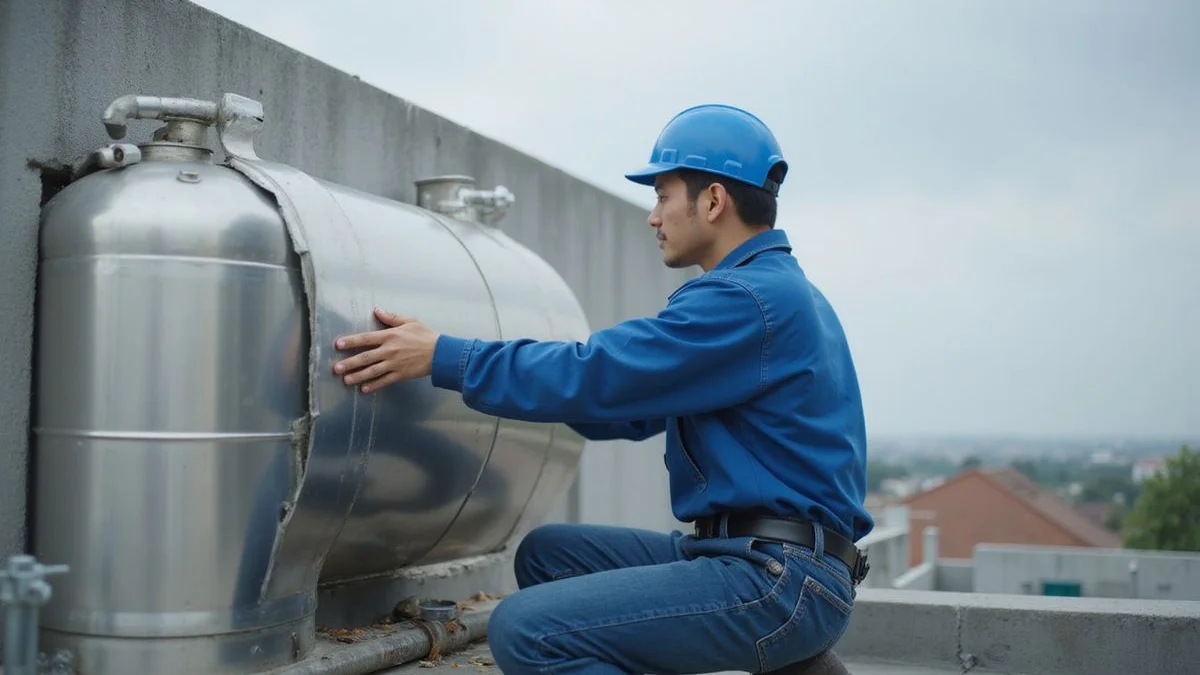 Plumber installing a new water tank on a rooftop