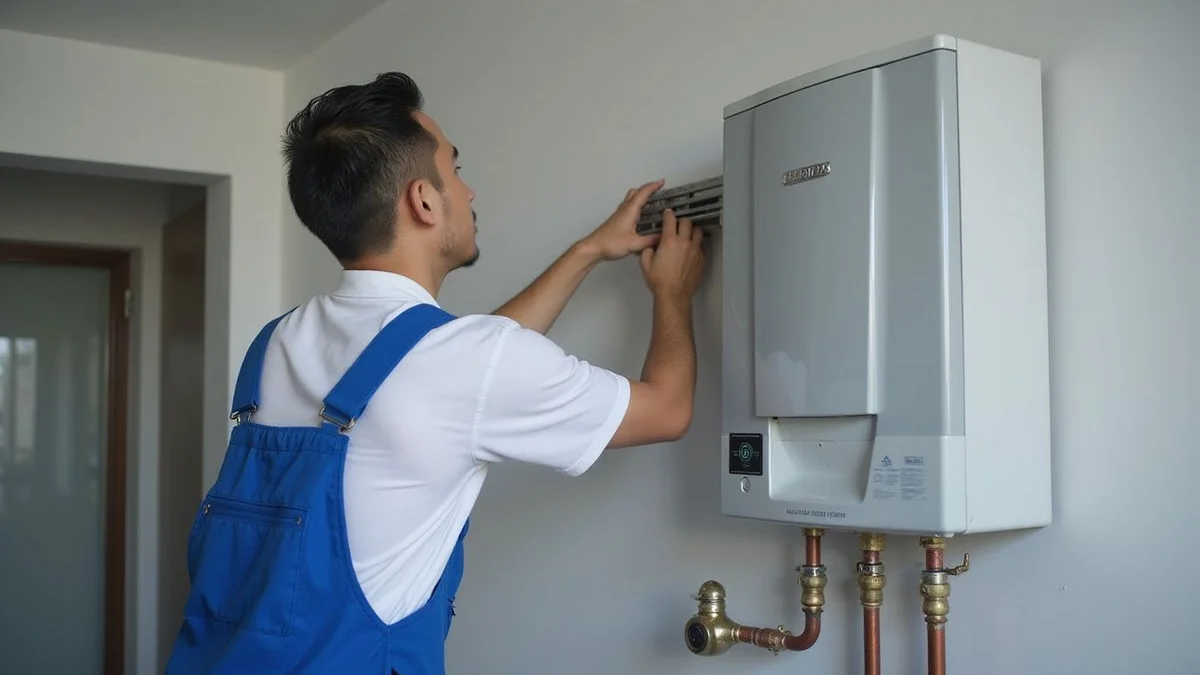 Plumber installing a water heater unit