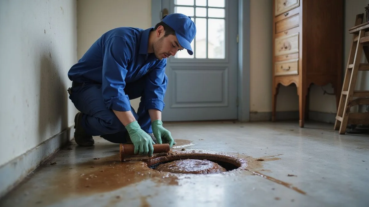 Plumber removing buildup from a floor trap
