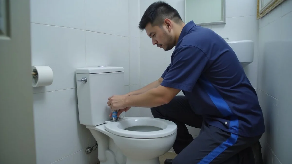 Plumber repairing a toilet cistern inlet valve