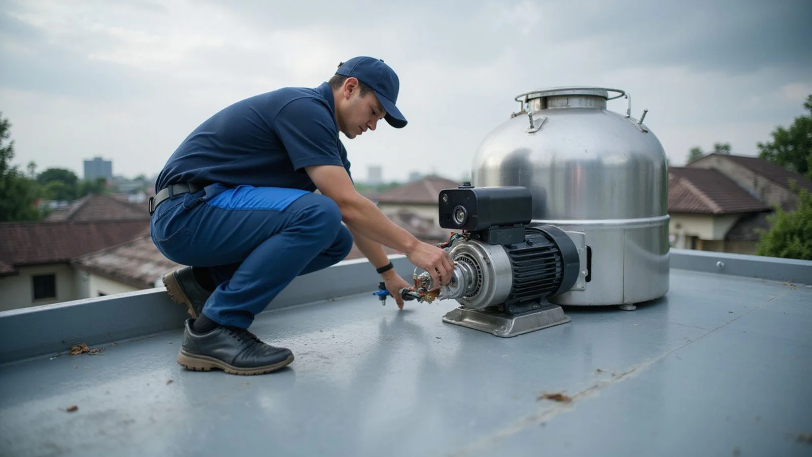 Guan Huat team servicing a stainless steel water tank on a Puchong rooftop
