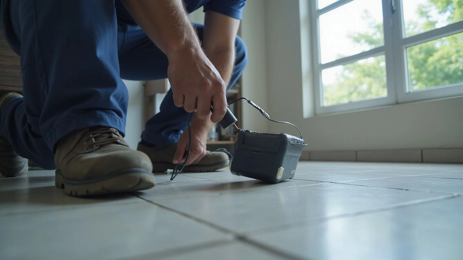 Plumber using an acoustic leak detector on a tiled floor
