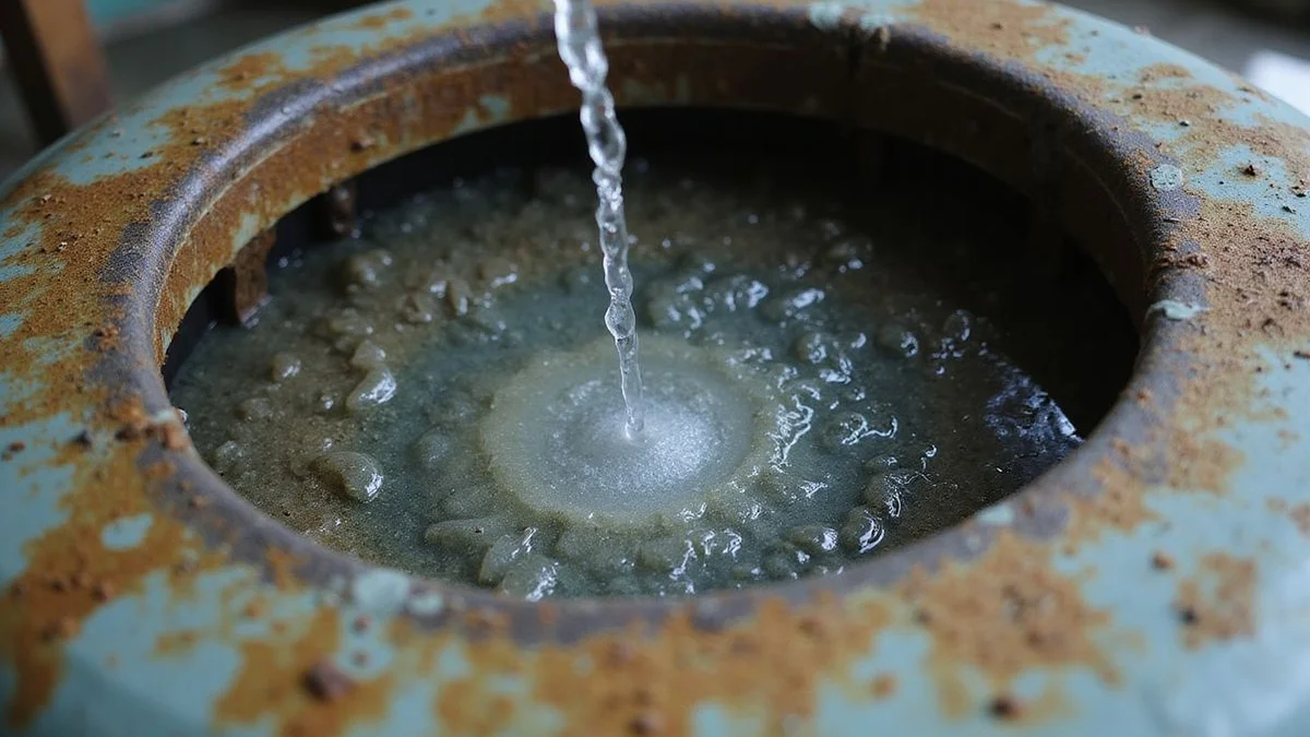 Old sediment and rust being drained from a poly water tank during cleaning