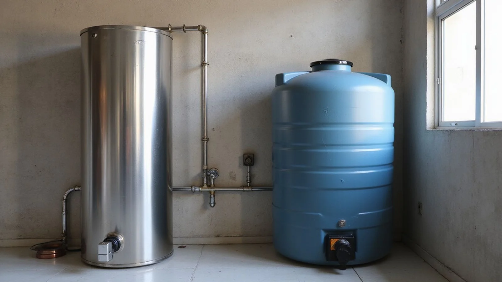 Stainless steel and poly water tanks side by side