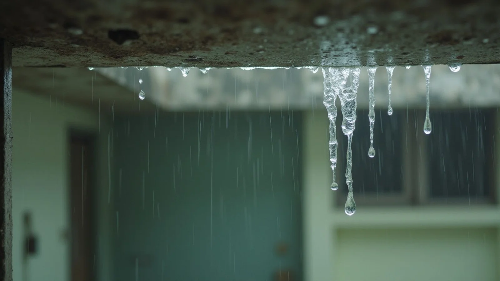 Water stain and drip on a ceiling during heavy rain