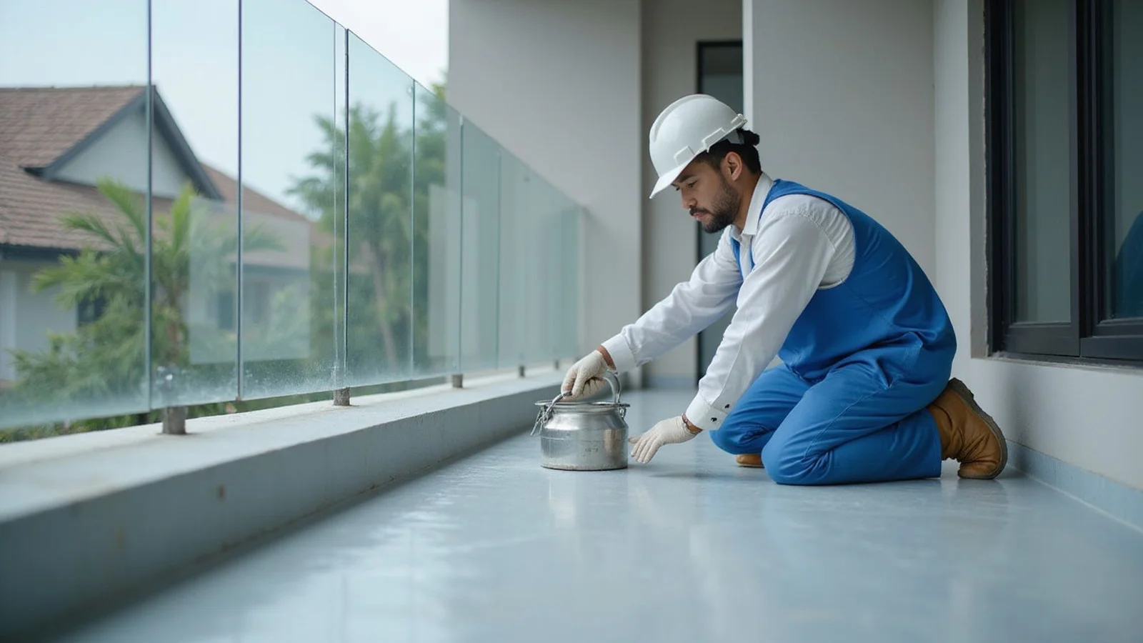 Worker applying waterproofing coating to a balcony surface