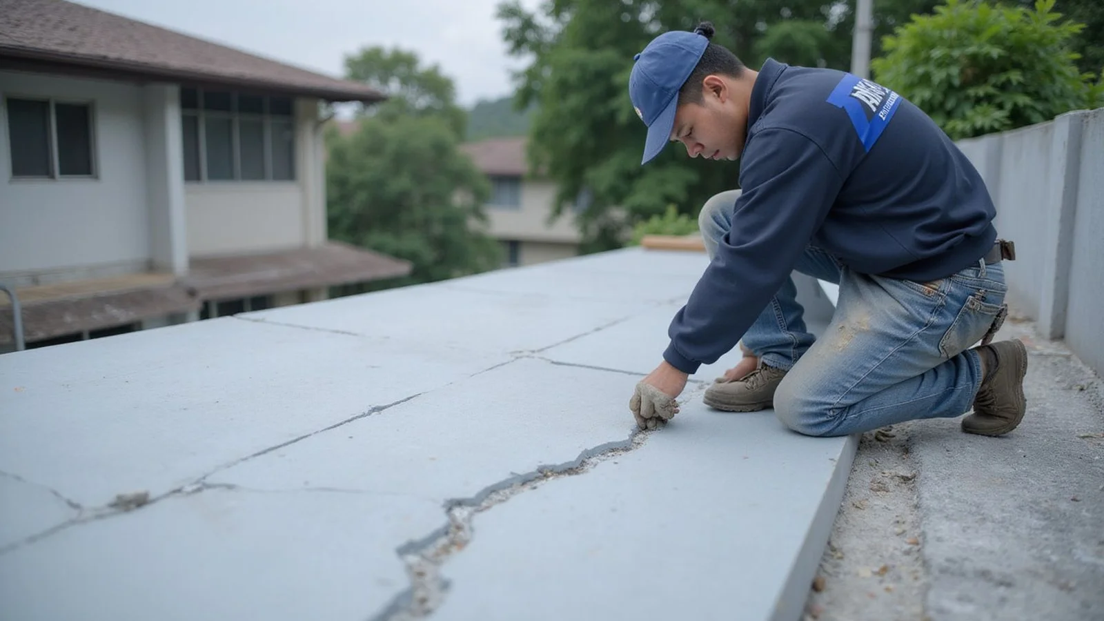 Worker patching a crack on a roof slab